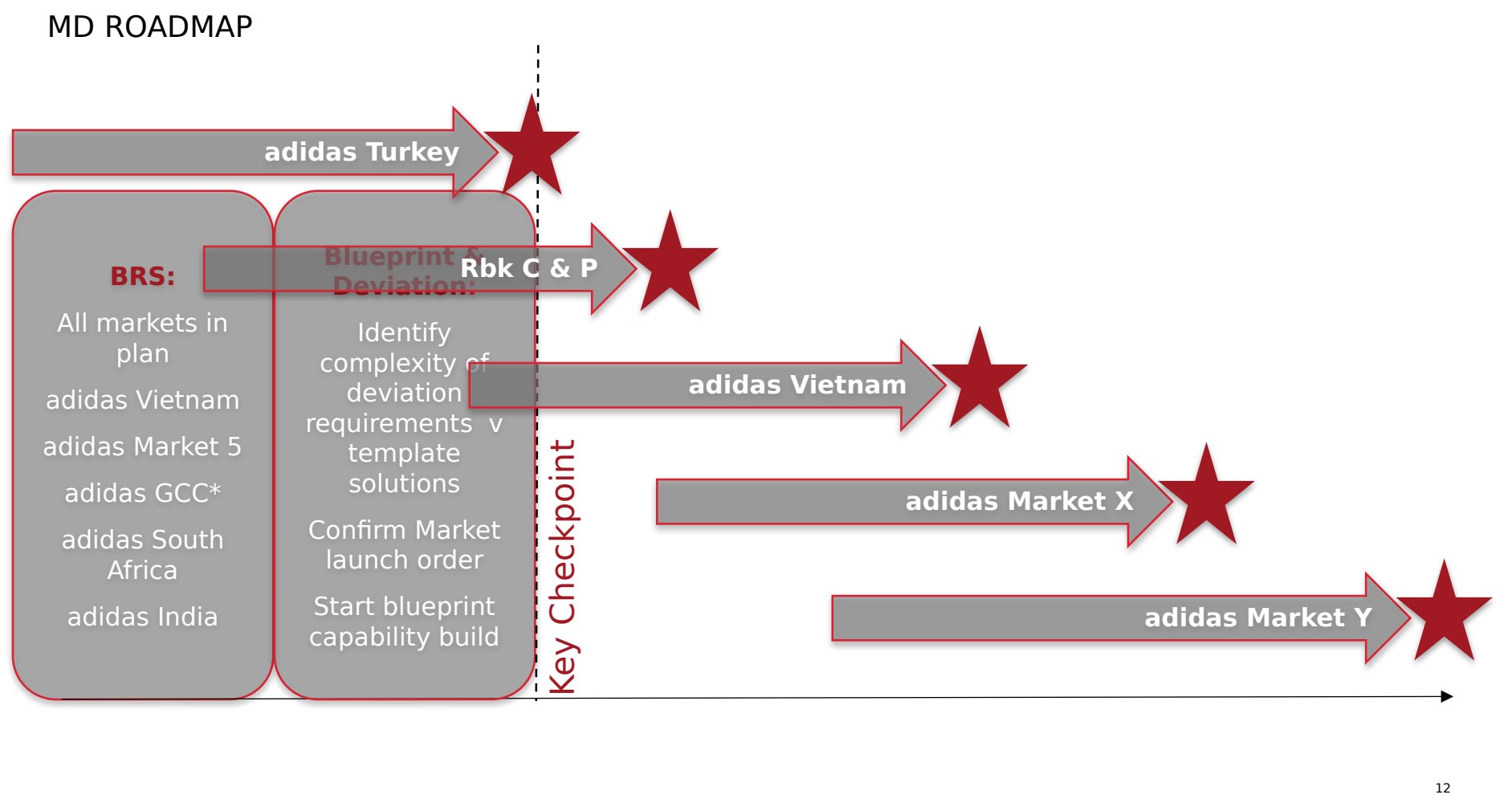 The resulting roadmap, with the checkpoint that had to be cleared before any market launch order was confirmed
