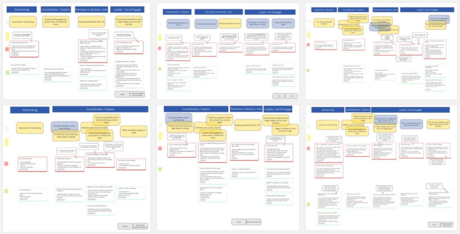 Interview notes grouped into themes, pain points and opportunities (blurred)