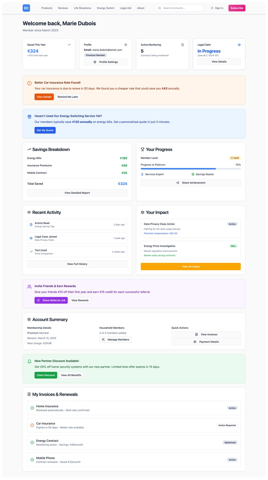 Low-fidelity wireframes for the membership value journey